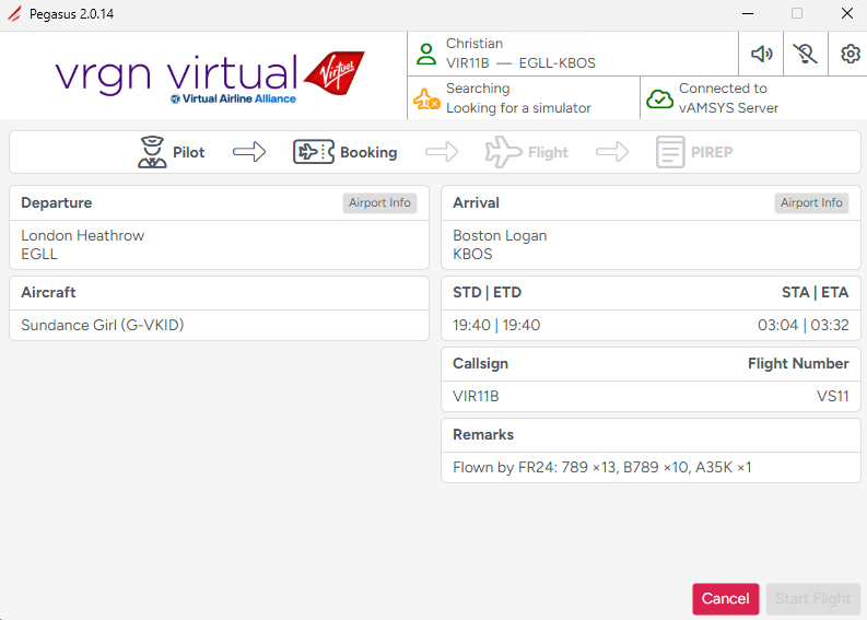 Pegasus ACARS connected to a VRGN Virtual booking